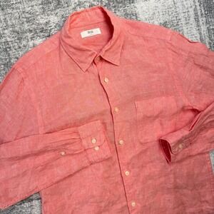 Uniqlo Shirt Mens Medium Peachy Pink Linen Button Up Lightweight Preppy Beachy